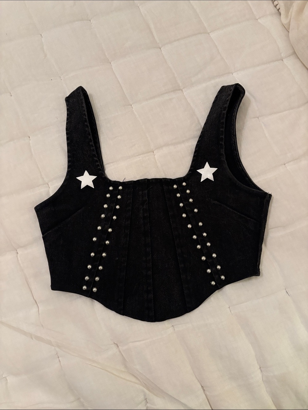 Black Star-Accent Studded Denim Crop Top